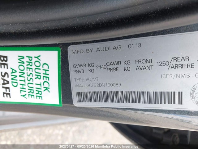 Auction sale of the 2013 Audi A6 3.0t Quattro, vin: WAUJGCFC2DN100089, lot number: 20275427
