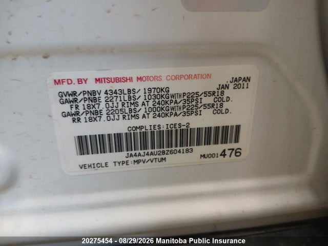Продаж на аукціоні авто 2011 Mitsubishi Rvr Gt, vin: JA4AJ4AU2BZ604183, номер лоту: 20275454