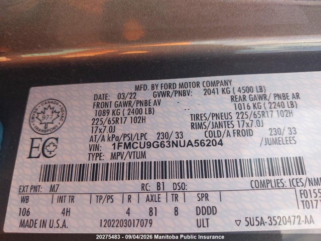 Ford ESCAPE SE 2022 1FMCU9G63NUA56204 Image 9