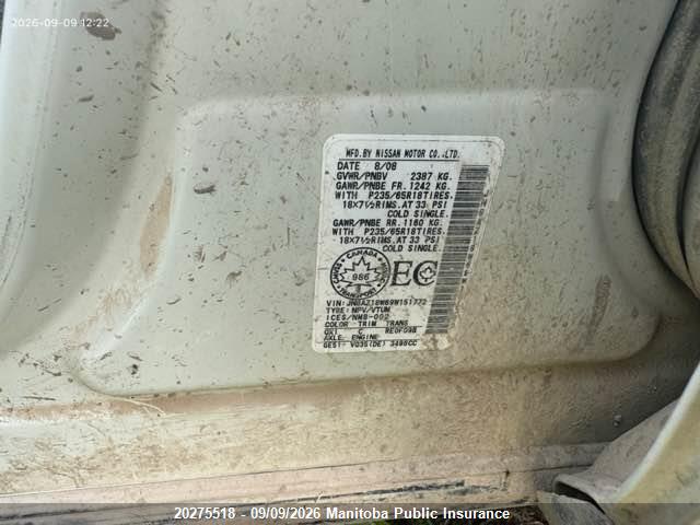 Продаж на аукціоні авто 2009 Nissan Murano Sl, vin: JN8AZ18W69W151772, номер лоту: 20275518