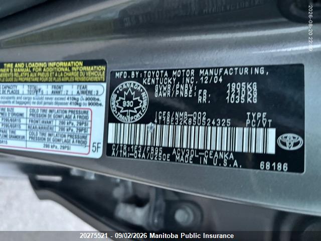 2005 Toyota Camry Le მანქანა იყიდება აუქციონზე, vin: 4T1BE32K85U524325, აუქციონის ნომერი: 20275521