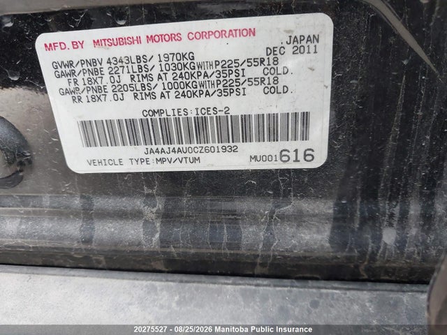 Продажа на аукционе авто 2012 Mitsubishi Rvr Gt, vin: JA4AJ4AU0CZ601932, номер лота: 20275527