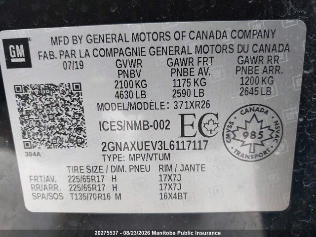 Продажа на аукционе авто 2020 Chevrolet Equinox Lt, vin: 2GNAXUEV3L6117117, номер лота: 20275537