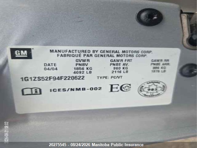2004 Chevrolet Malibu მანქანა იყიდება აუქციონზე, vin: 1G1ZS52F94F220622, აუქციონის ნომერი: 20275545