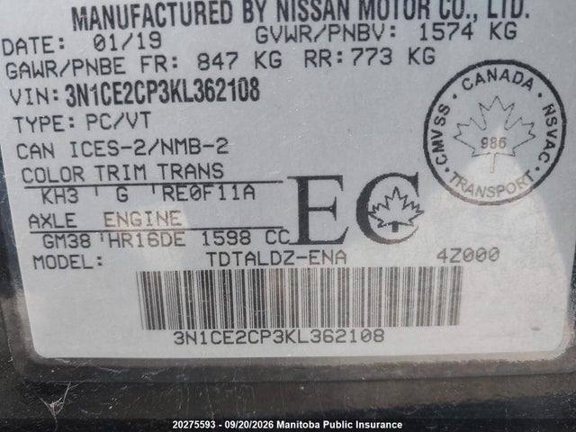 3N1CE2CP3KL362108 Nissan Versa Note Sv