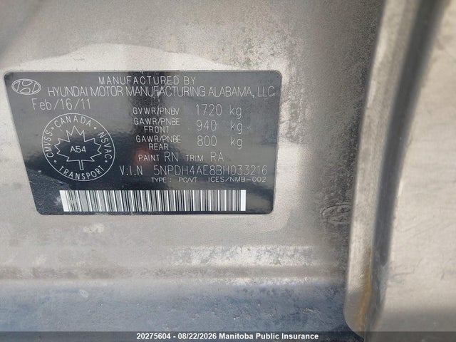 2011 Hyundai Elantra Gl მანქანა იყიდება აუქციონზე, vin: 5NPDH4AE8BH033216, აუქციონის ნომერი: 20275604