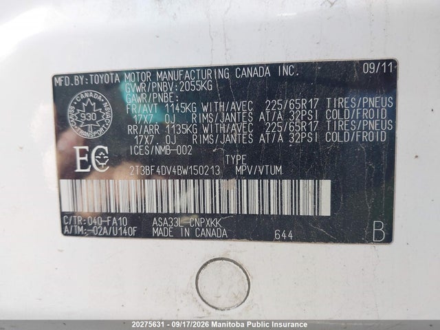 20275631 :رقم المزاد ، 2T3BF4DV4BW150213 vin ، 2011 Toyota Rav4 مزاد بيع