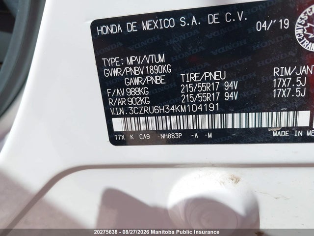 3CZRU6H34KM104191 Honda HR-V LX