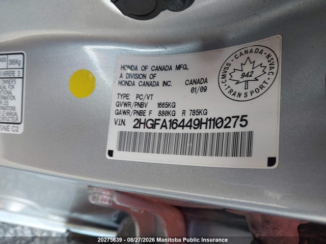 Aukcja sprzedaży 2009 Honda Civic Dx-g, vin: 2HGFA16449H110275, numer aukcji: 20275639