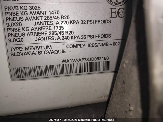 20275657 :رقم المزاد ، WA1VAAF73JD052188 vin ، 2018 Audi Q7 V6 مزاد بيع