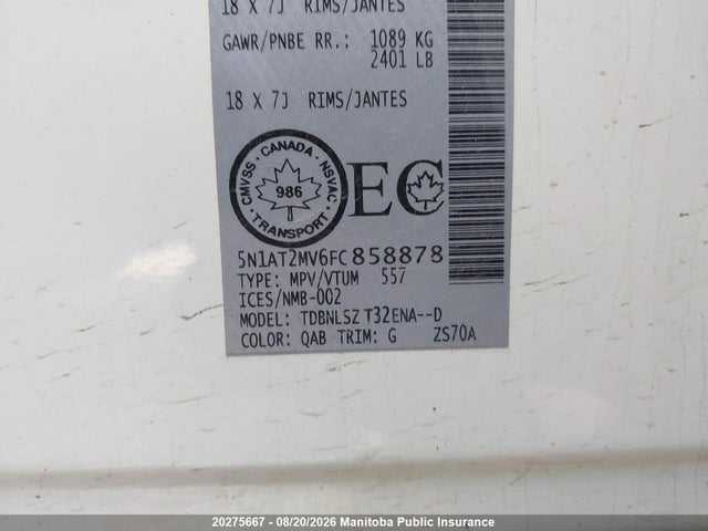 Aukcja sprzedaży 2015 Nissan Rogue Sl, vin: 5N1AT2MV6FC858878, numer aukcji: 20275667