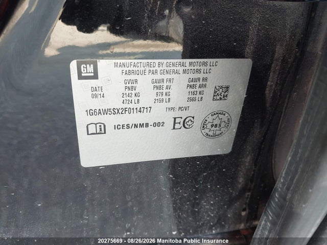 Продаж на аукціоні авто 2015 Cadillac Cts Turbo, vin: 1G6AW5SX2F0114717, номер лоту: 20275669