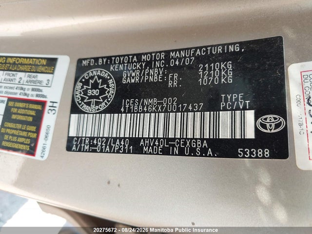Aukcja sprzedaży 2007 Toyota Camry Hybrid, vin: 4T1BB46KX7U017437, numer aukcji: 20275672