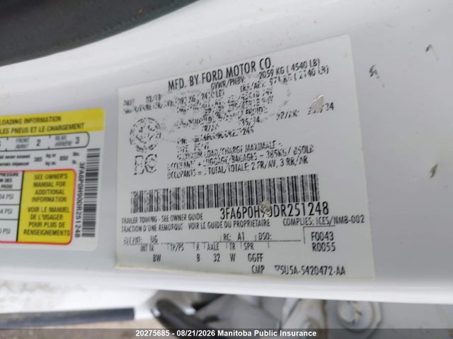 Продажа на аукционе авто 2013 Ford Fusion Se, vin: 3FA6P0H90DR251248, номер лота: 20275685