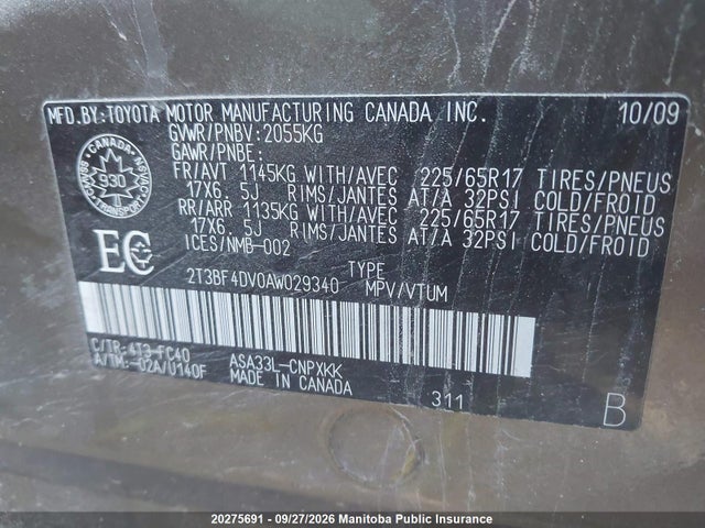 2010 Toyota Rav4 მანქანა იყიდება აუქციონზე, vin: 2T3BF4DV0AW029340, აუქციონის ნომერი: 20275691