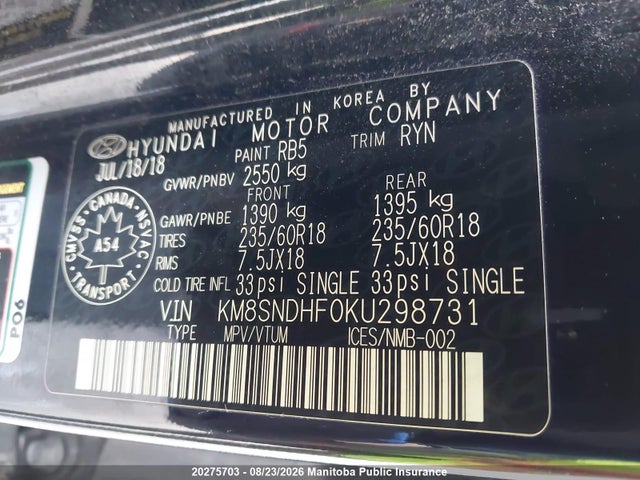20275703 :رقم المزاد ، KM8SNDHF0KU298731 vin ، 2019 Hyundai Santa Fe Xl Preferred مزاد بيع