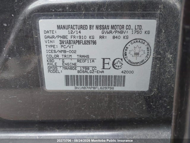 20275706 :رقم المزاد ، 3N1AB7AP8FL629796 vin ، 2015 Nissan Sentra 1.8 Sl مزاد بيع