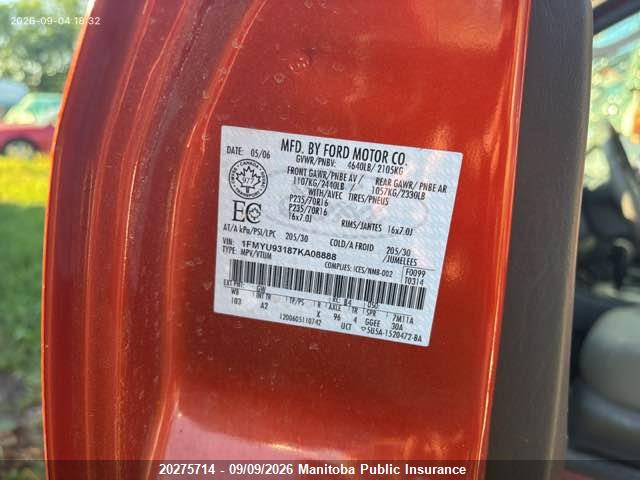 20275714 :رقم المزاد ، 1FMYU93187KA08888 vin ، 2007 Ford Escape Xlt V6 مزاد بيع