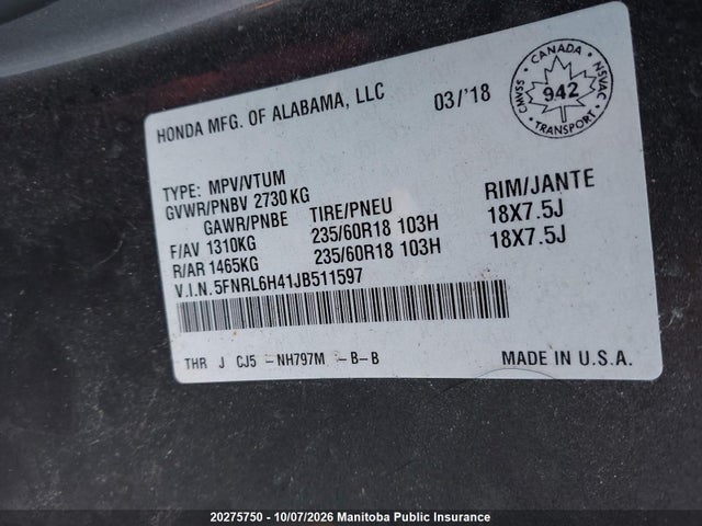 20275750 :رقم المزاد ، 5FNRL6H41JB511597 vin ، 2018 Honda Odyssey Ex مزاد بيع