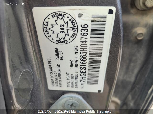 Aukcja sprzedaży 2005 Honda Civic Lx-g, vin: 2HGES16665H047636, numer aukcji: 20275753