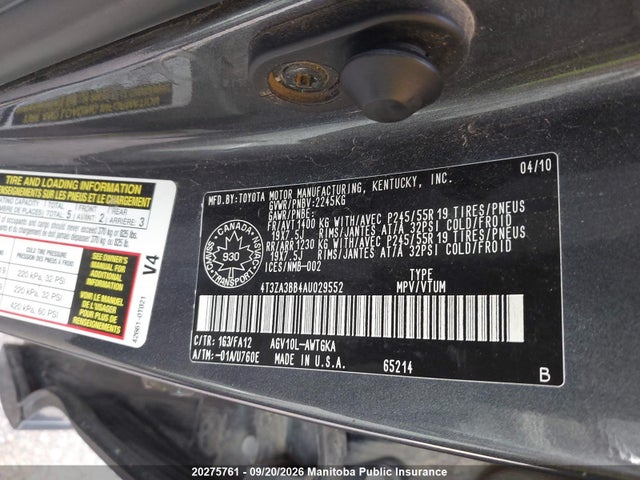 2010 Toyota Venza მანქანა იყიდება აუქციონზე, vin: 4T3ZA3BB4AU029552, აუქციონის ნომერი: 20275761