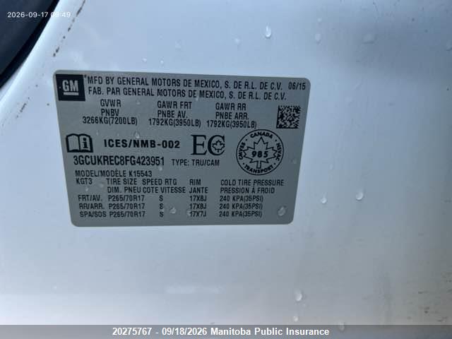 Продаж на аукціоні авто 2015 Chevrolet Silverado 1500 Lt Crew Cab, vin: 3GCUKREC8FG423951, номер лоту: 20275767