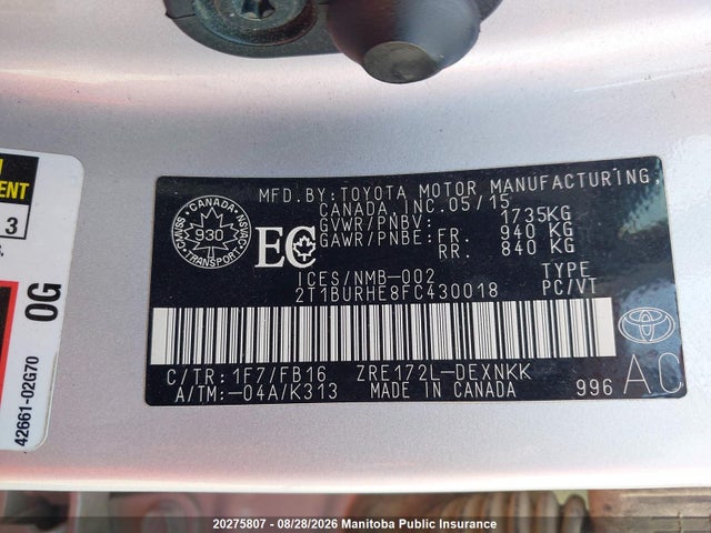 2T1BURHE8FC430018 Toyota COROLLA LE