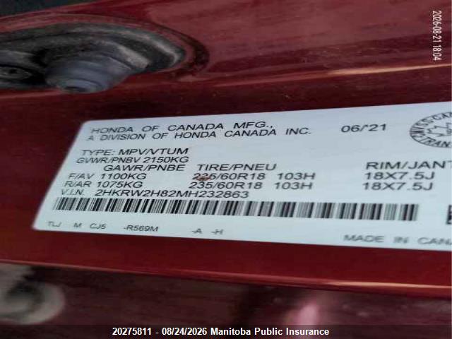 2HKRW2H82MH232863 Honda Cr-v Ex-l