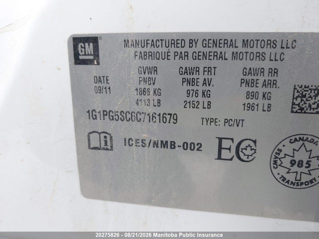 Продаж на аукціоні авто 2012 Chevrolet Cruze Lt Turbo, vin: 1G1PG5SC6C7161679, номер лоту: 20275826