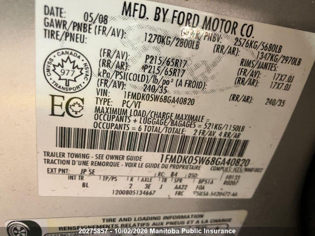 20275857 :رقم المزاد ، 1FMDK05W68GA40820 vin ، 2008 Ford Taurus X Sel مزاد بيع