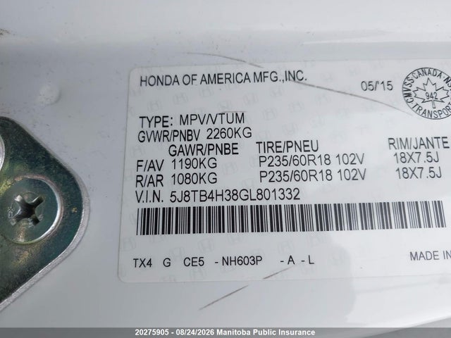 Продаж на аукціоні авто 2016 Acura Rdx, vin: 5J8TB4H38GL801332, номер лоту: 20275905