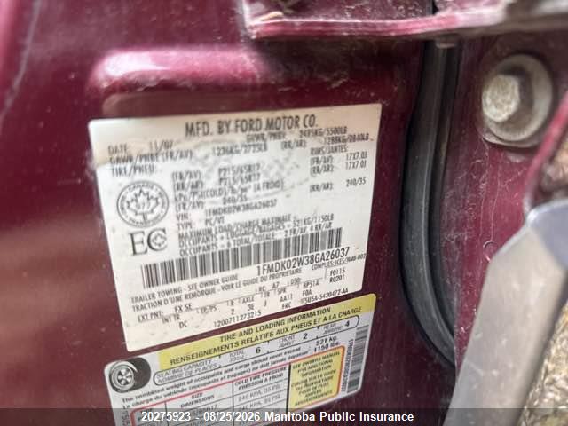 20275923 :رقم المزاد ، 1FMDK02W38GA26037 vin ، 2008 Ford Taurus X Sel مزاد بيع