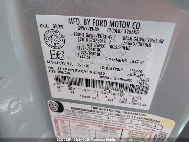 Aukcja sprzedaży 2010 Ford F150 Fx4 Supercrew, vin: 1FTFW1EVXAFA42452, numer aukcji: 20275926
