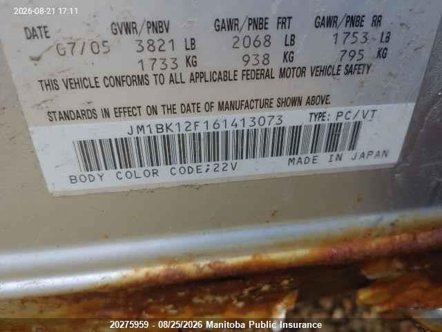 Aukcja sprzedaży 2006 Mazda 3 Mazda Gs, vin: JM1BK12F161413073, numer aukcji: 20275959