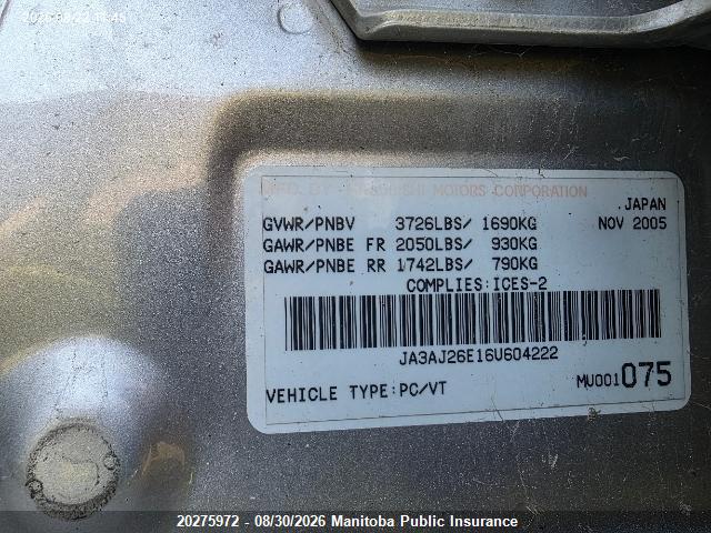 2006 Mitsubishi Lancer Es მანქანა იყიდება აუქციონზე, vin: JA3AJ26E16U604222, აუქციონის ნომერი: 20275972