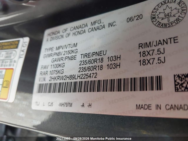 2020 Honda Cr-v Ex-l მანქანა იყიდება აუქციონზე, vin: 2HKRW2H89LH225472, აუქციონის ნომერი: 20275985