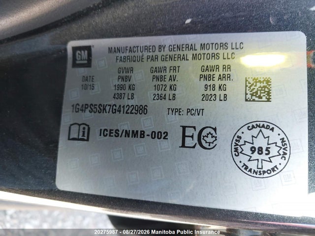 20275987 :رقم المزاد ، 1G4PS5SK7G4122986 vin ، 2016 Buick Verano مزاد بيع