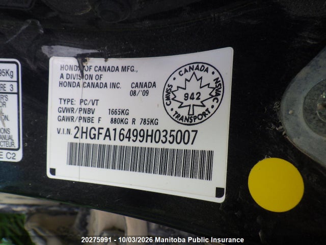 20275991 :رقم المزاد ، 2HGFA16499H035007 vin ، 2009 Honda Civic Dx-g مزاد بيع