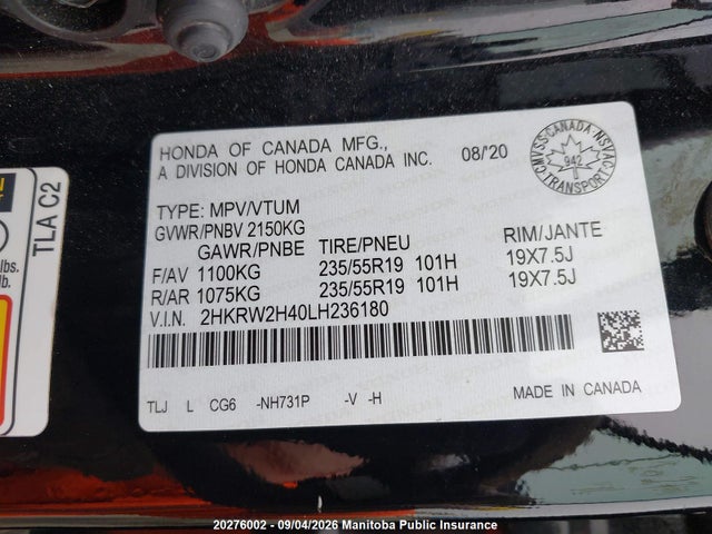 20276002 :رقم المزاد ، 2HKRW2H40LH236180 vin ، 2020 Honda Cr-v Sport مزاد بيع