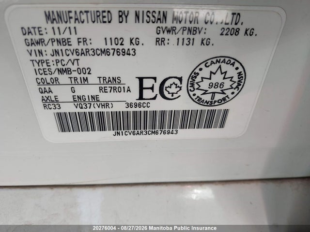 20276004 :رقم المزاد ، JN1CV6AR3CM676943 vin ، 2012 Infiniti G37x مزاد بيع