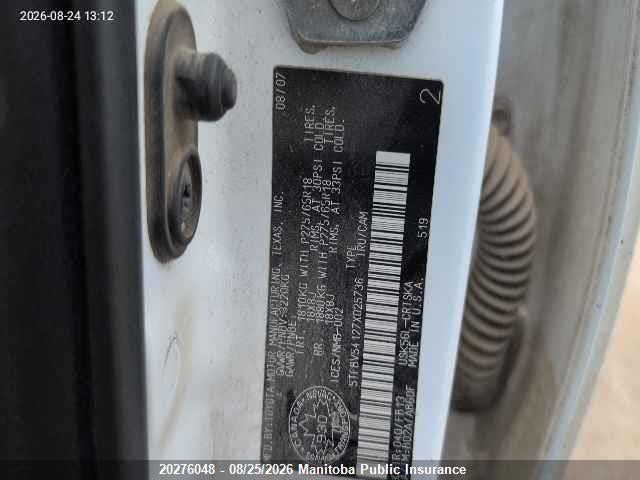 20276048 :رقم المزاد ، 5TFBV54127X025736 vin ، 2007 Toyota Tundra Sr5 Double Cab V8 مزاد بيع