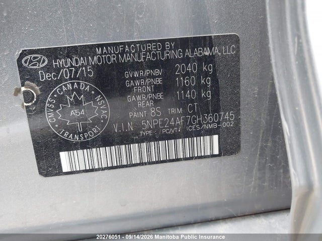 5NPE24AF7GH360745 Hyundai SONATA GL