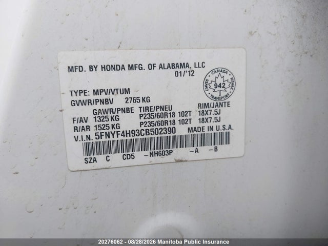 Продаж на аукціоні авто 2012 Honda Pilot Touring, vin: 5FNYF4H93CB502390, номер лоту: 20276062