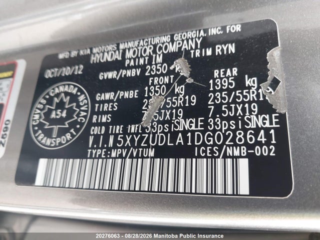 2013 Hyundai Santa Fe 2.0t Se მანქანა იყიდება აუქციონზე, vin: 5XYZUDLA1DG028641, აუქციონის ნომერი: 20276063