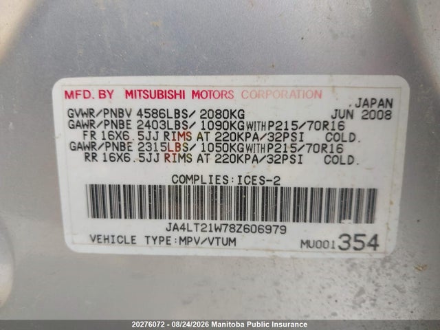 2008 Mitsubishi Outlander Es მანქანა იყიდება აუქციონზე, vin: JA4LT21W78Z606979, აუქციონის ნომერი: 20276072