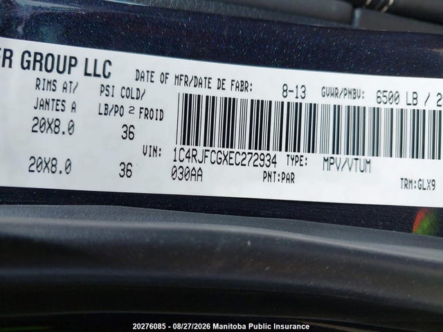 20276085 :رقم المزاد ، 1C4RJFCGXEC272934 vin ، 2014 Jeep Grand Cherokee Overland مزاد بيع
