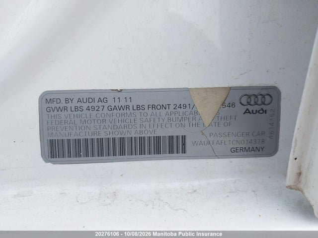 2012 Audi A4 2.0t Quattro მანქანა იყიდება აუქციონზე, vin: WAUFFAFL1CN014378, აუქციონის ნომერი: 20276106