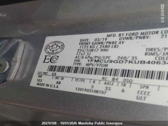 Ford ESCAPE SE 2019 1FMCU9GD7KUB40634 Image 9