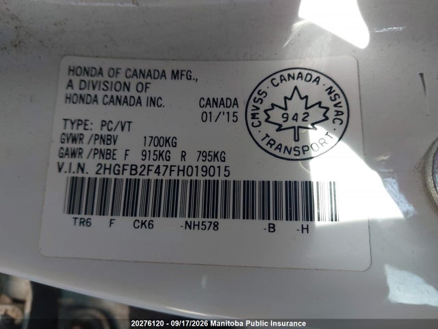 Honda Civic Lx 2015 2HGFB2F47FH019015 Image 9