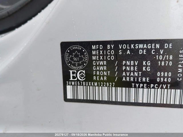 Aukcja sprzedaży 2019 Volkswagen Jetta 1.4 Tsi, vin: 3VWE57BUXKM122927, numer aukcji: 20276127